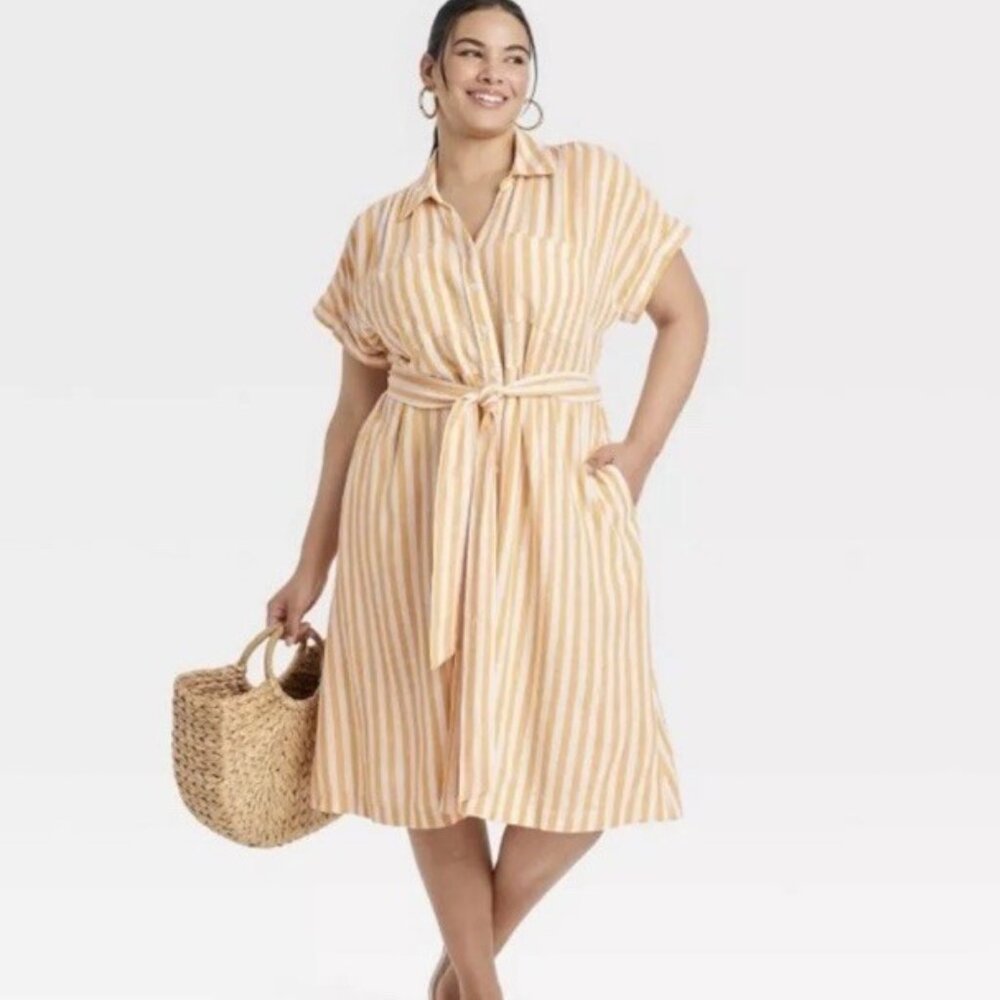 Ava & Viv Linen Blend Short Sleeve Tie-Front Midi Shirtdress Yellow Striped 2X